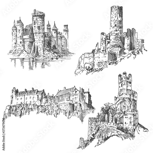 Medieval Castle Sketch Pack. Graphic Sketch Drawing. Vector illustration