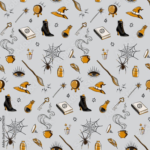 Witch Haloween october design, seamless pattern, baby vector background.  Hand-drawn  witch tools: broom, magic ball, shoes, spells, cauldron illustration