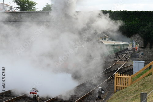 A U class locomotive pulling a steam train under a road bridge.