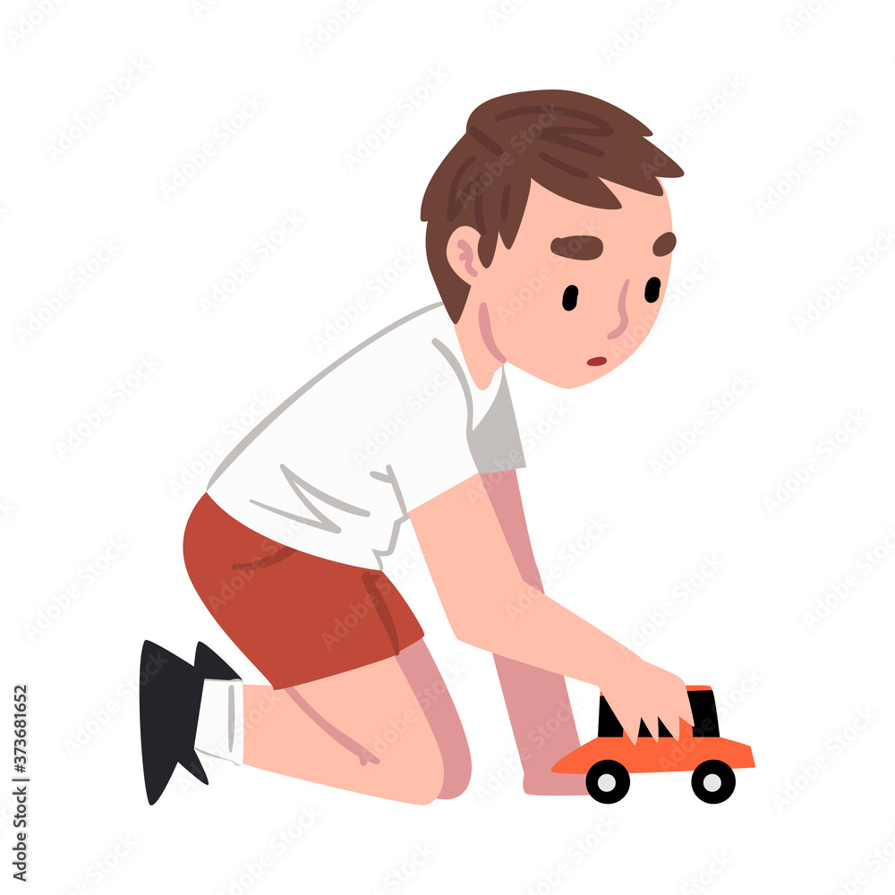 Happy Little Boy Sitting on Floor Playing with Toy Car Cartoon Style Vector Illustration on White Background Happy Little Boy Sitting on Floor Playing with Toy Car Cartoon Style Vector Illustration on White Background