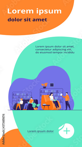 Students studying and reading in library. People sitting on sofa at bookcases and bookshelves flat vector illustration. Education concept for banner, website design or landing web page
