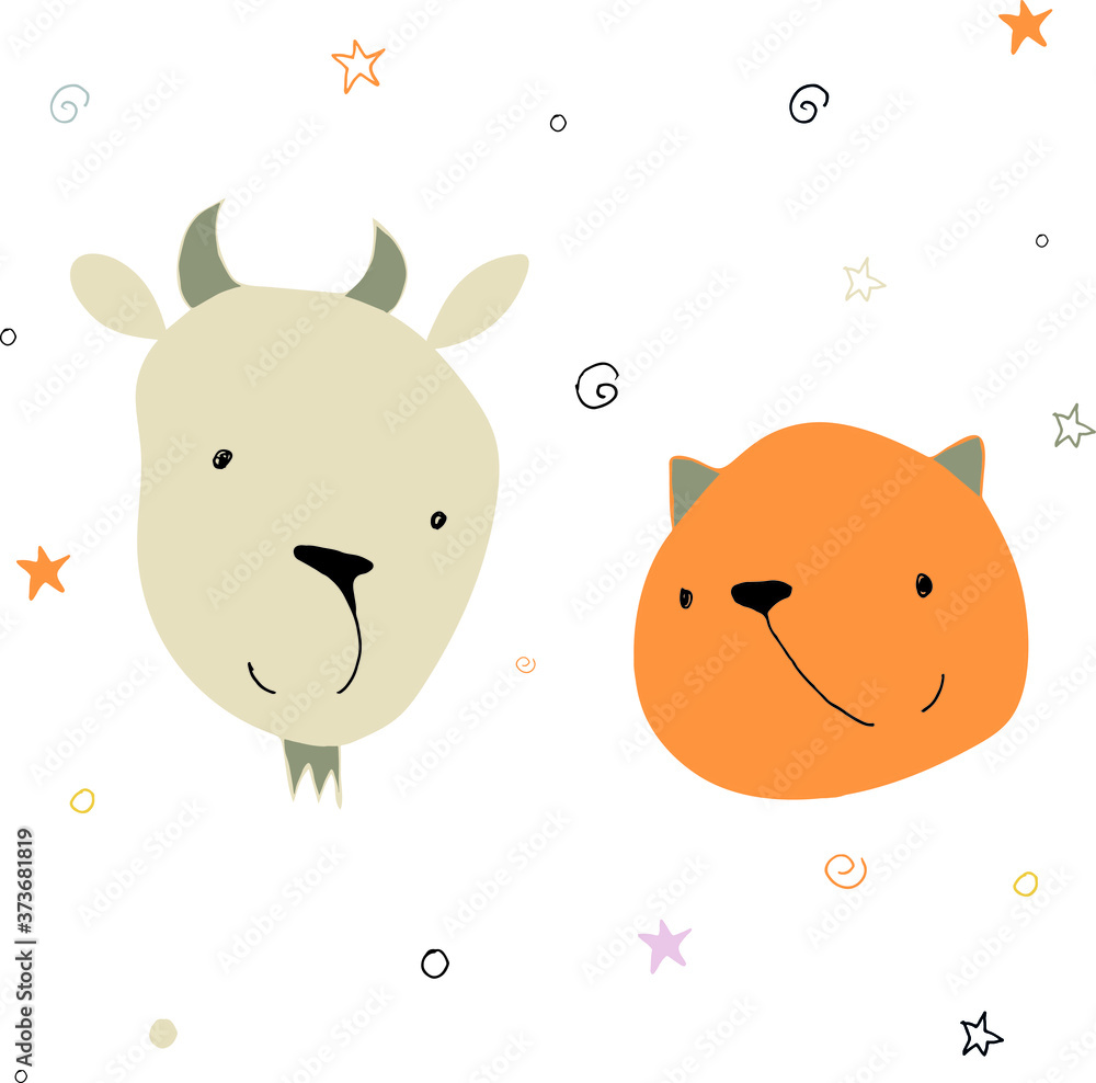 Naklejka premium Cartoon style little goat and cat