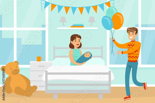Father Visiting Newborn Baby with Colorful Balloons, Woman Lying on Bed and Holding Newborn Baby Cartoon Vector Illustration