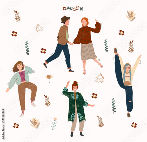 Set of dancing people with cute flowers. Joyful men and women having fun at disco party or music festival. Male and female cartoon characters performing dance at school. Flat vector illustration