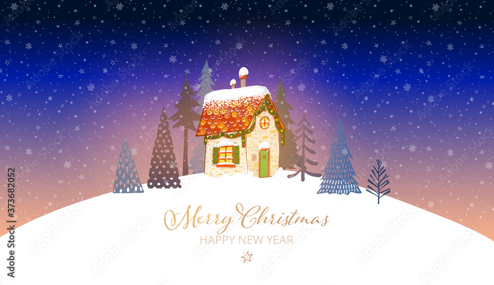 Christmas greeting card with cute little house and trees on snowy background.