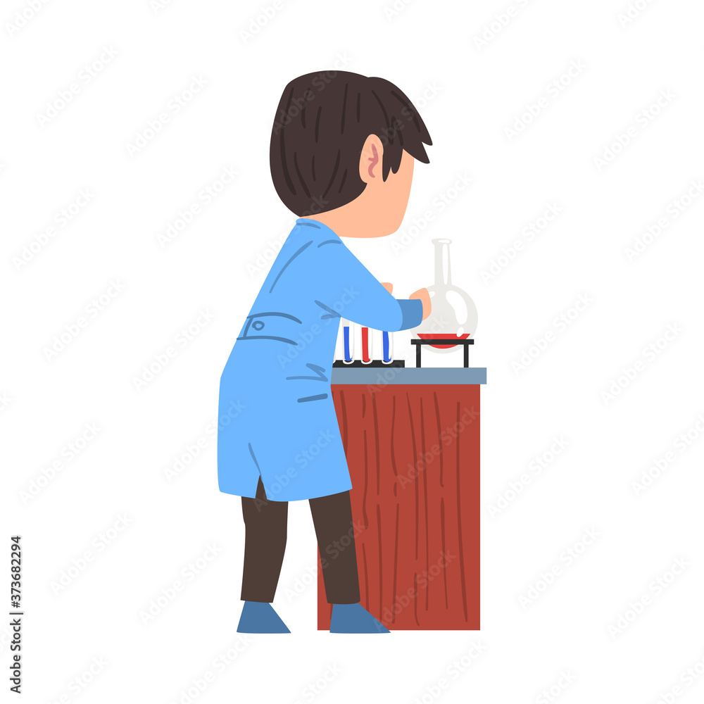 Back View of Male Chemist Scientist with Lab Equipment, Student Character Working at Medical or Researching Laboratory Cartoon Style Vector Illustration Back View of Male Chemist Scientist with Lab Equipment, Student Character Working at Medical or Researching Laboratory Cartoon Style Vector Illustration