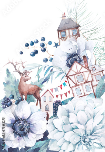 Watercolor winter fairytale illustration. Hand painted bouquet with old houses, deer, anemone flowers, party flags garlands, berries, stars and leaves. Vintage style fantasy artwork 