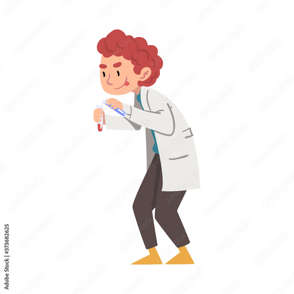 Male Chemist Holding Test Flask, Crazy Scientist Character in Lab Coat Doing Chemical Experiment in Laboratory Cartoon Style Vector Illustration