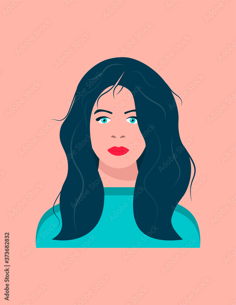 Portrait of a young dark-haired woman with blue eyes. Young woman with long hair. Female face. Vector illustration. Portrait of a young dark-haired woman with blue eyes. Young woman with long hair. Female face. Vector illustration.
