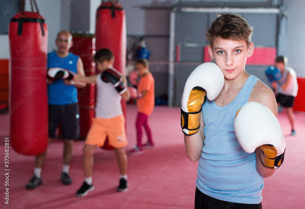 Young serious boy with boxing gloves posing in defended stance.