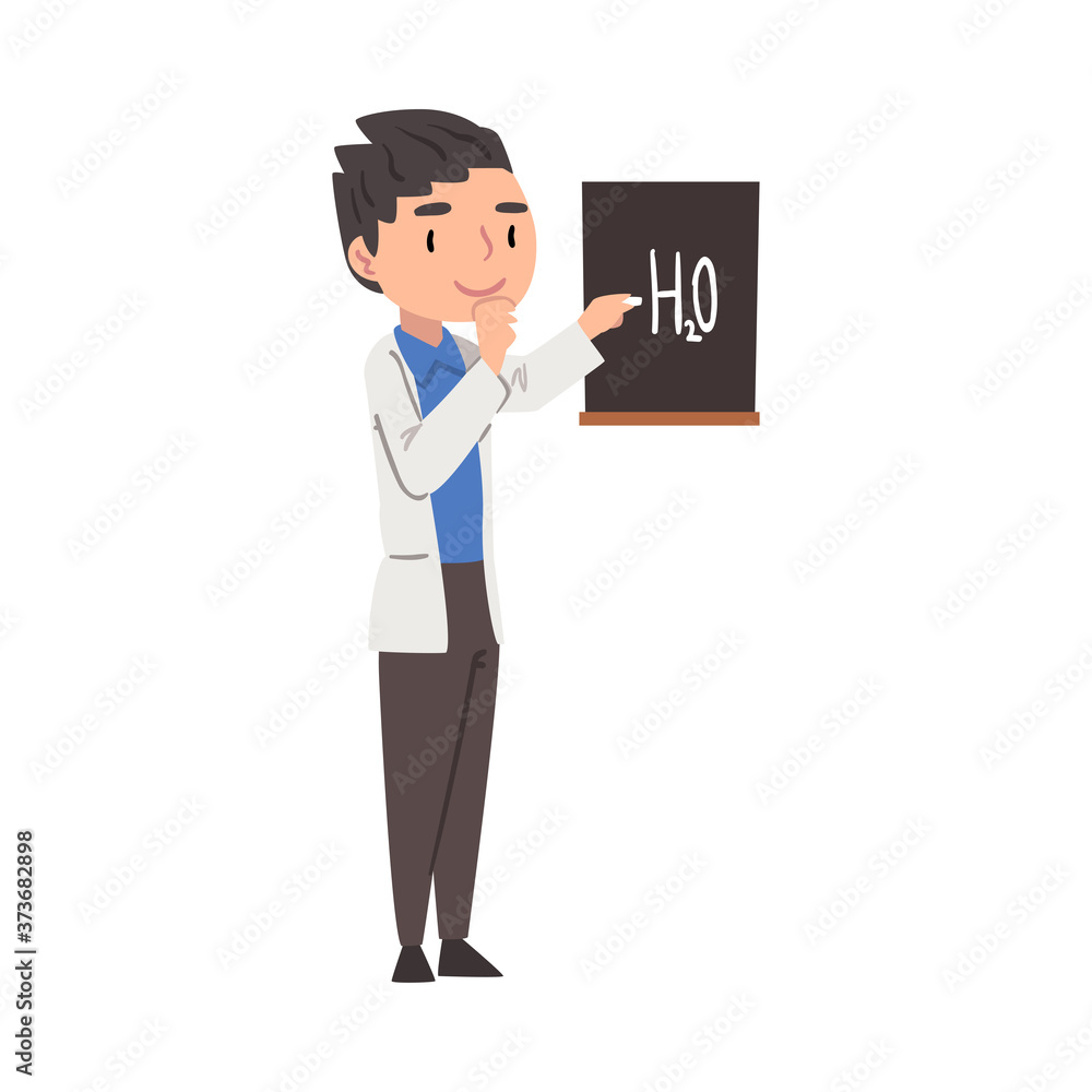 Male Scientist or Student Character Working at Medical or Researching Laboratory Cartoon Style Vector Illustration
