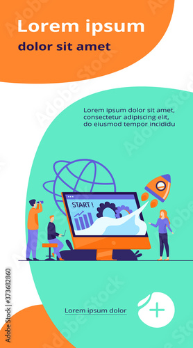 Team starting project. Workgroup working on startup, launching rocket from monitor with growth chart. Vector illustration for new business idea concept