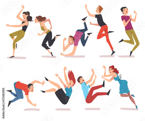 Collection of Shocked People Falling Down, Accident, Pain and Injury Cartoon Style Vector Illustration Isolated on White Background