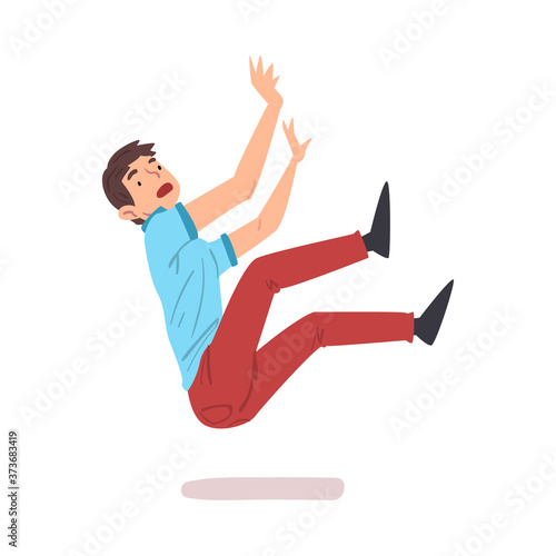 Young Man Falling Down, Male Person with Frightened Expression on her Face Falling Back Cartoon Style Vector Illustration