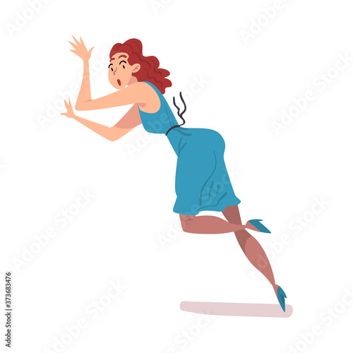 Beautiful Young Woman in Blue Dress Falling Down on Floor, Female Person with Frightened Expression on her Face Cartoon Style Vector Illustration