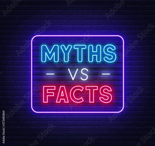 Myths vs facts neon sign on brick wall background. Vector illustration. photo