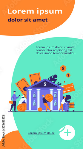 People with money walking to bank building. Queue of characters carrying cash near bank office. Vector illustration for finance, loan, credit department concept