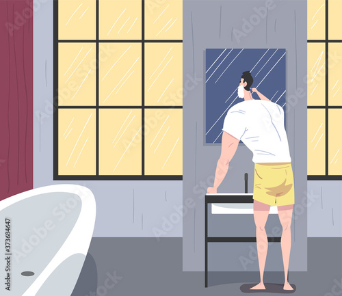 Man Shaving in front of Toilet Mirror, Daily Routine, Hygiene Procedures in Bathroom Cartoon Vector Illustration