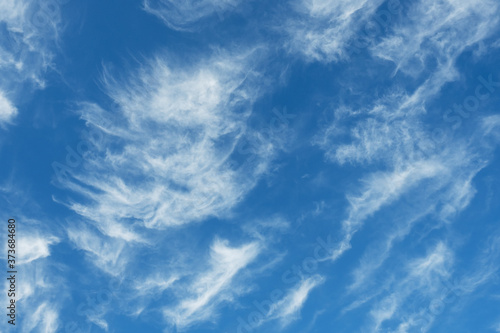 White Cirrus clouds in a blue sky. Close up sky with clouds