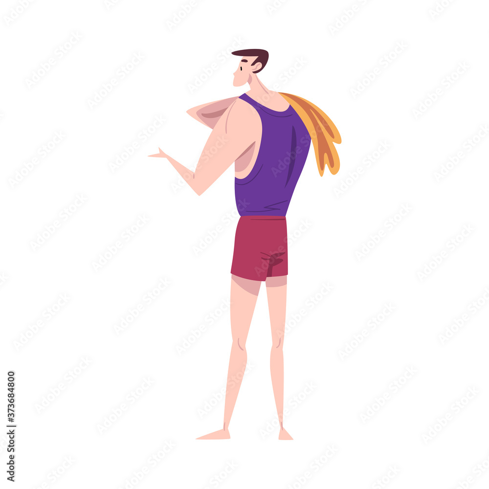 Man in Underwear Standing with Towel on his Shoulder, Daily Routine Hygienic Procedure Cartoon Vector Illustration
