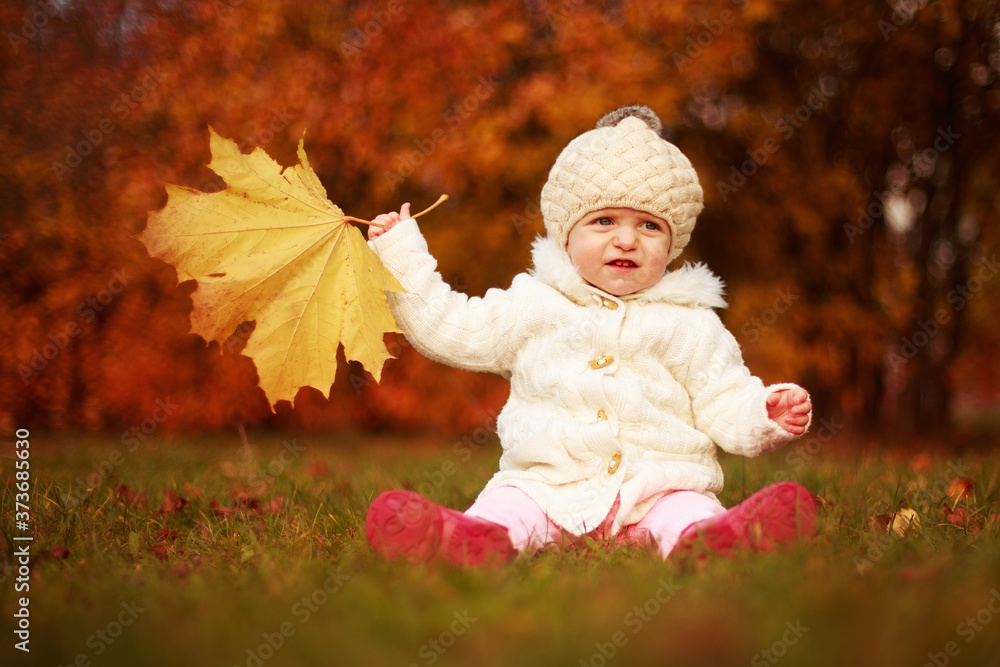 beautiful little baby girl sitting with a big leaf at autumn park beautiful little baby girl sitting with a big leaf at autumn park