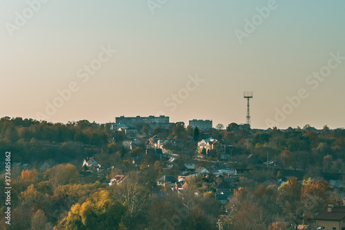High angle view of the autumn sunset over the Zhytomyr city, Ukraine
