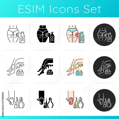 Women beauty procedures icons set. Manicure. Cosmetology. Laser hair removal. Waxing. Unwanted hair removal. Sugaring procedure. Linear, black and RGB color styles. Isolated vector illustrations