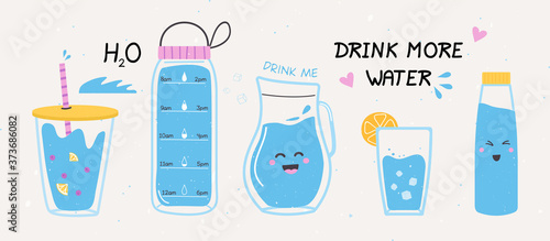 Drink more water concept. Eco friendly drink containers. Hand drawn trendy objects. Funny cartoon bottles. Alternative to plastic. Caring for the environment. Colorful Flat Vector Illustration