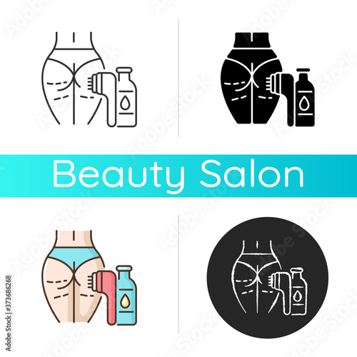 Anti cellulite program icon. Dimpled skin tightening. Anti cellulite cream and brush. Leg massage equipment. Body slimming. Linear black and RGB color styles. Isolated vector illustrations