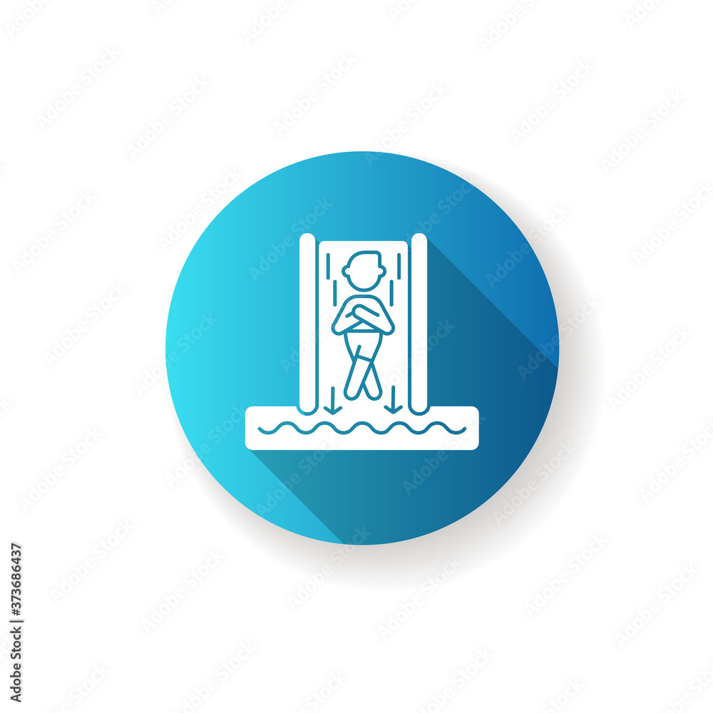 Speed slide blue flat design long shadow glyph icon. Extreme waterslide, aqua park entertainment activity. Summer recreation. Tourist on steep water slide silhouette RGB color illustration