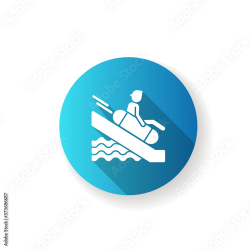 Sliding on swim circle blue flat design long shadow glyph icon. Water park attraction. Active summer recreation, aqua park entertainment. Tourist on waterslide silhouette RGB color illustration