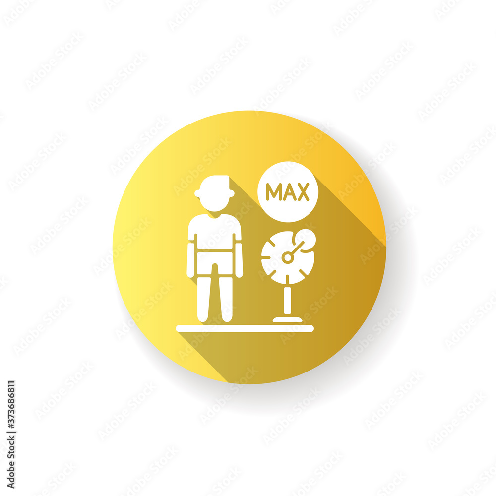 Weight limit yellow flat design long shadow glyph icon. Aqua park rule, attraction with limited access. Waterpark security, recreation center safety policy. Silhouette RGB color illustration Weight limit yellow flat design long shadow glyph icon. Aqua park rule, attraction with limited access. Waterpark security, recreation center safety policy. Silhouette RGB color illustration