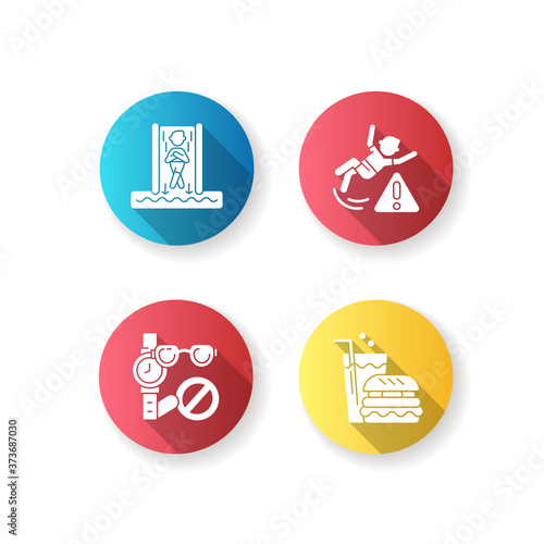 Waterslide types flat design long shadow glyph icons set. Speed slide, eating area, no jewelry and be careful warning. Waterpark activities and rules. Silhouette RGB color illustrations