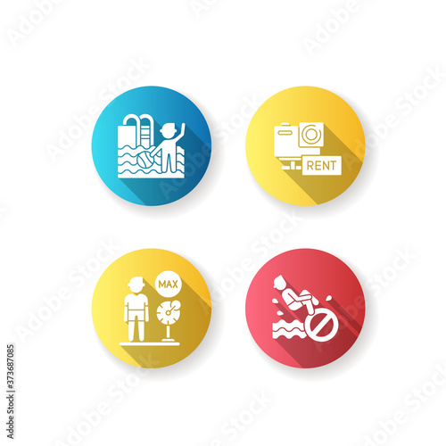 Water park rules and restrictions flat design long shadow glyph icons set. Children swimming pool, action camera rental, weight restriction and no jumping. Silhouette RGB color illustrations
