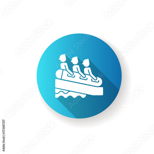 Family rafting blue flat design long shadow glyph icon. Group slide, water park attraction. Aquatic recreational activity. People riding waterslide together silhouette RGB color illustration