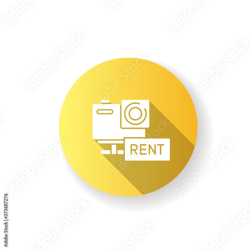 Action camera rental yellow flat design long shadow glyph icon. Aqua park service, photographic equipment rent. Photocamera for underwater diving and active rest. Silhouette RGB color illustration