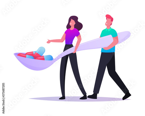 Health Care and Medicine Drugs Industry Concept. Tiny Male and Female Characters Carry Huge Spoon with Vitamins Pills