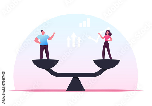 Gender Equality Concept. Businessman and Businesswoman Characters on Scales on the Same Height. Symbol of Equal Pay