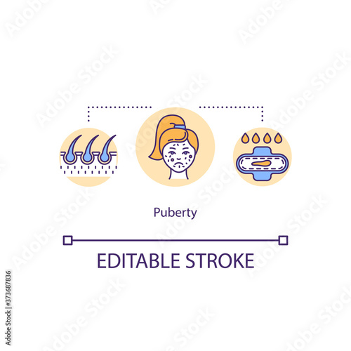 Puberty concept icon. Girl maturation. Teenager development. Menstrual cycle and acne. Sexual education idea thin line illustration. Vector isolated outline RGB color drawing. Editable stroke