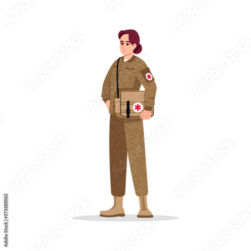 Military doctor semi flat RGB color vector illustration. Military surgeon. Noncombatant doctor. Young caucasian woman working as combat medic isolated cartoon character on white background