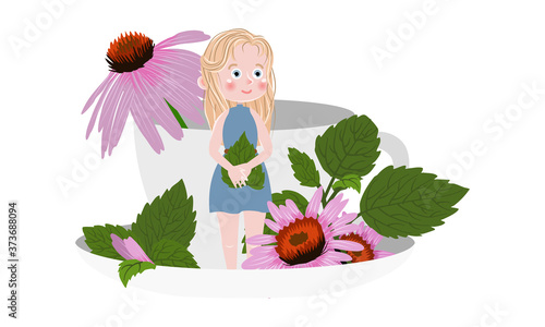 A little girl in a dress holds a lemon balm leaf. Tea with echinacea and lemon balm in a large white ceramic cup. Herbal tea. Vector illustration