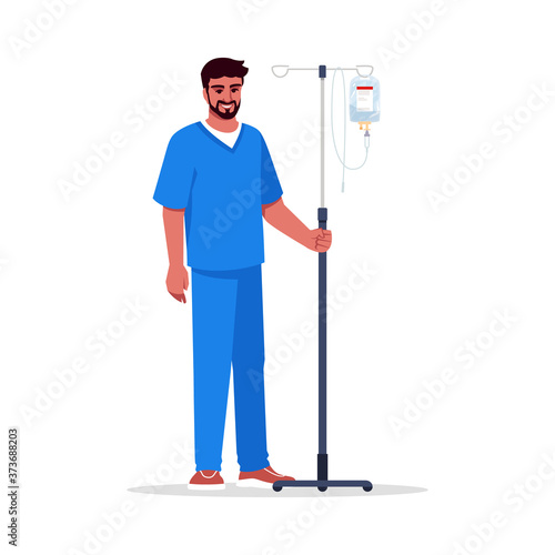 Male nurse semi flat RGB color vector illustration. Medical staff. Male health professional. Young latino doctor with intravenous pole isolated cartoon character on white background