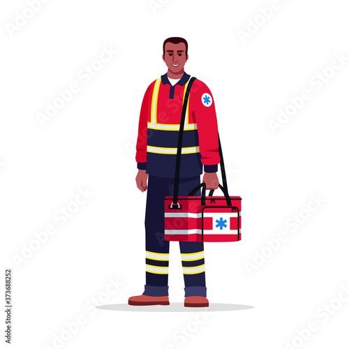 Paramedic semi flat RGB color vector illustration. Emergency technician. EMT. Healthcare. Afro american man working as EMT with medical bag isolated cartoon character on white background
