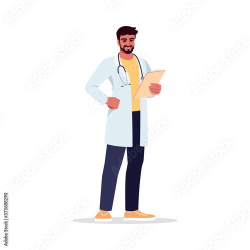 General practitioner semi flat RGB color vector illustration. Primary care physician. PCP. Young hispanic man working as medical doctor isolated cartoon character on white background