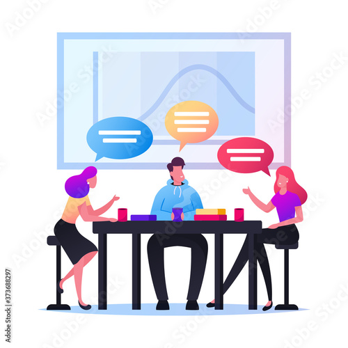 Happy Relaxed People Sitting at Tables in Cafe. Male and Female Characters Meet Up[ Drinking Beverages and Talking