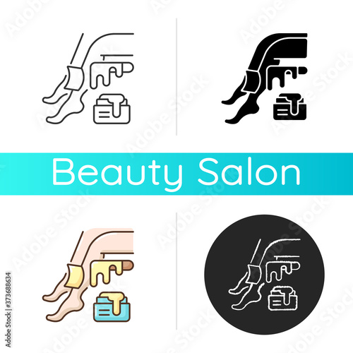 Waxing icon. Unwanted hair removal. Depilation and epilation. Sugaring procedure. Leg waxing. Cosmetology. Beautician services. Linear black and RGB color styles. Isolated vector illustrations