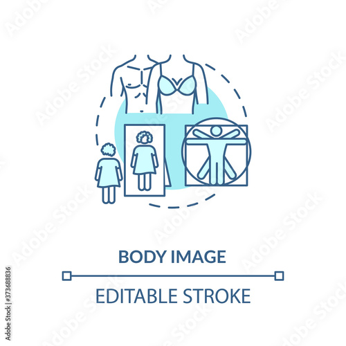 Body image concept icon. Human attractiveness idea thin line illustration. Male and female beauty standards. Self esteem  confidence. Vector isolated outline RGB color drawing. Editable stroke