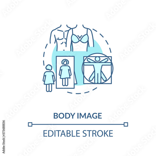 Body image concept icon. Human attractiveness idea thin line illustration. Male and female beauty standards. Self esteem, confidence. Vector isolated outline RGB color drawing. Editable stroke