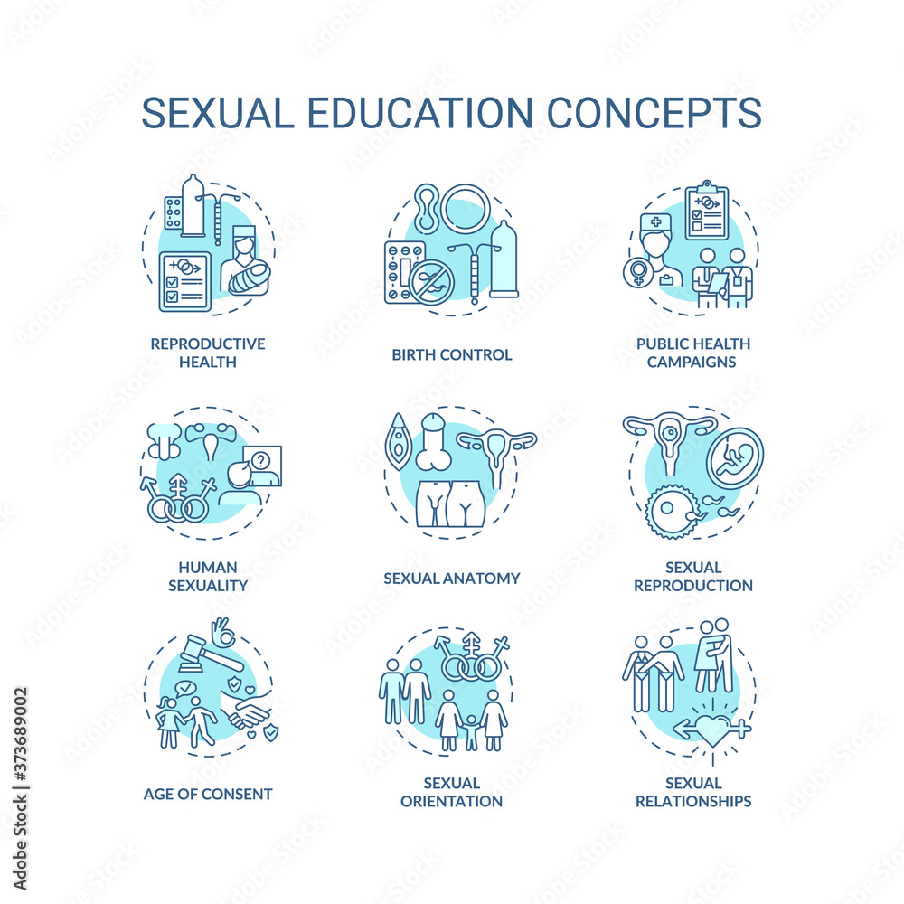Sexual education concept icons set. Human sexuality and physiology idea thin line RGB color illustrations. Anatomy and reproductive health teaching. Vector isolated outline drawings. Editable stroke