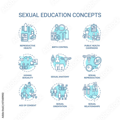 Sexual education concept icons set. Human sexuality and physiology idea thin line RGB color illustrations. Anatomy and reproductive health teaching. Vector isolated outline drawings. Editable stroke